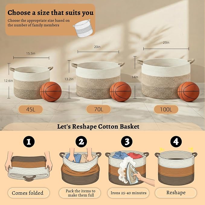 Artfeel 100L Large Cotton Rope Basket, Decorative Woven Blanket Storage for Living Room, Boho Toy Storage & Toy Box for Kids, Versatile Laundry Basket & Nursery Hamper for Blankets(BrownYellow)
