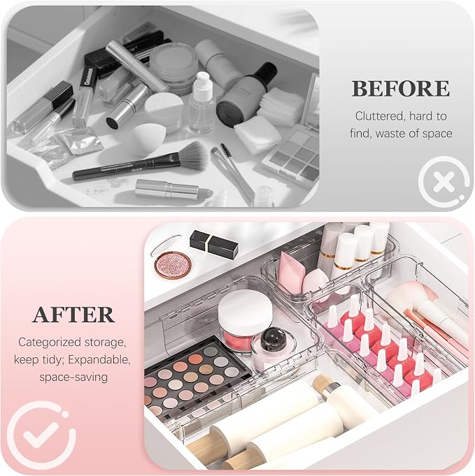 DILIBRA 12 Pcs Clear Extendable Drawer Organizer, Adjustable Drawer Storage 2-Size Desk Drawer Organizer, Plastic Non-Slip Storage Bins for Makeup Cosmetic Jewelries Utensils Stationery Dressers