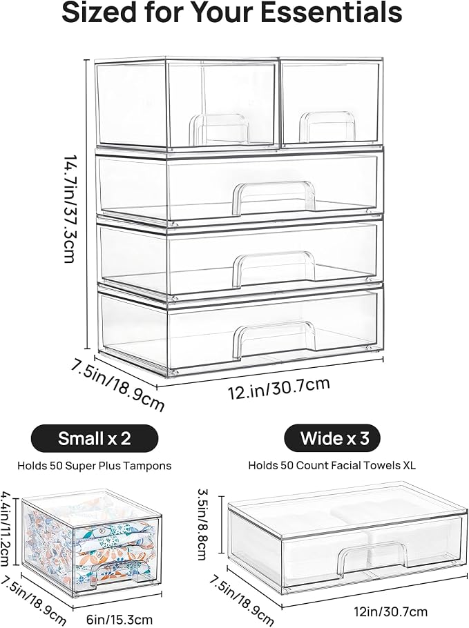 Vtopmart Clear Stackable Storage Drawers Set of 5, Plastic Organizer Bins for Makeup, Cosmetics, Beauty Supplies,Ideal for Vanity, Bathroom,Cabinet,Pantry Organization