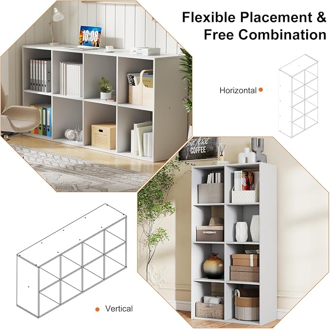 Sweetcrispy 8 Cube Storage Organizer, Stackable Modular Bookcase Shelf | Vertical or Horizontal Use, Fits 11×11" Bins, Removable Back Panels, for Living Room, Office, Entrance White Wood