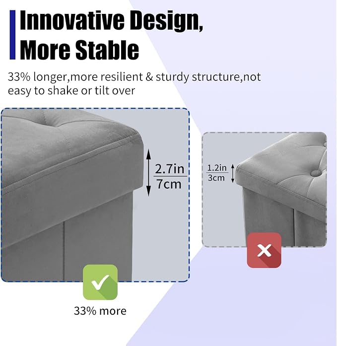 BRIAN & DANY 43 Inches Folding Storage Ottoman Bench, Velvet Ottoman with Storage for Living Room, Bedroom, Entryway, Ottoman Foot Rest, End of Bed Bench (Gray)