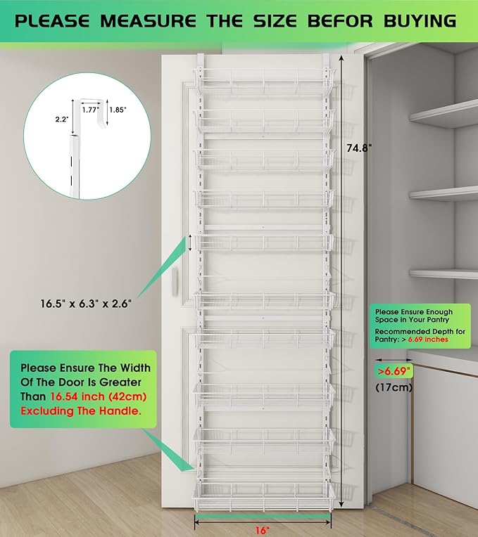 Mefirt White 10-Tier Over The Door Pantry Organizer, 2 in 1 Spice Rack | Pantry Hanging Organizers and Storage, Adjustable Baskets Heavy-Duty Metal for Home & Kitchen, Back of Door Seasoning Rack