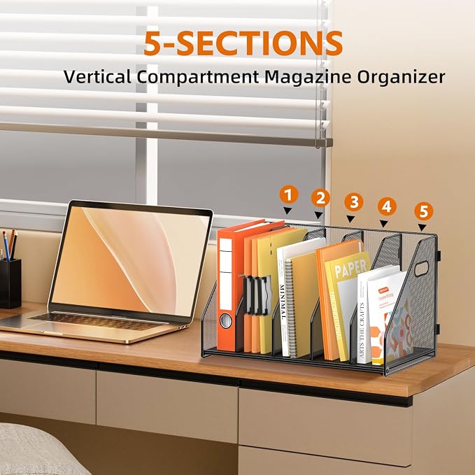 SUPEASY Binder Organizer, Magazine File Holder with 5 Vertical Rack, Black | Metal Desk File Organizer & Binder Holders, Magazine Organizers for Office Desktop, Home, School, Classroom
