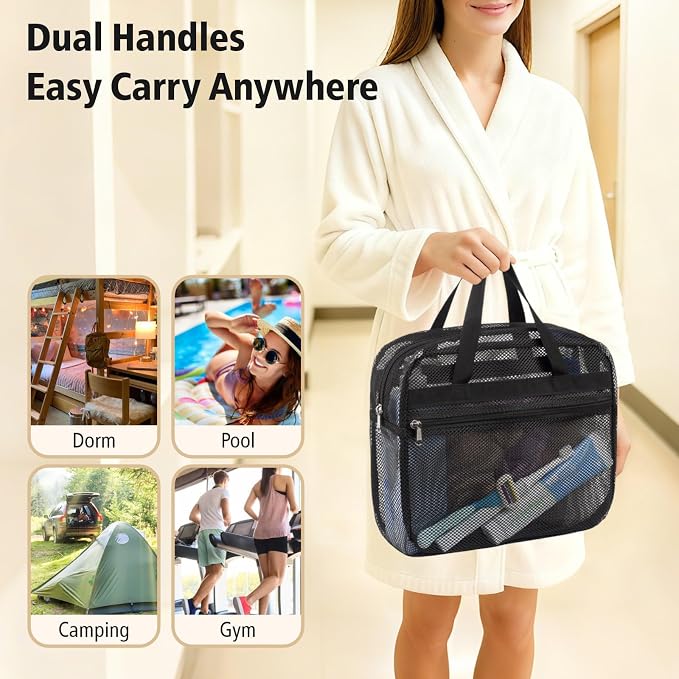 Mesh Shower Caddy Portable with Zipper - 2-Handle Shower Bag for Dorm | S-Hook, Quick-Dry Mesh, Toiletry Organizer, College Dorm Room Essentials for Girls, Camping, Gym, Travel & Bathroom, Black