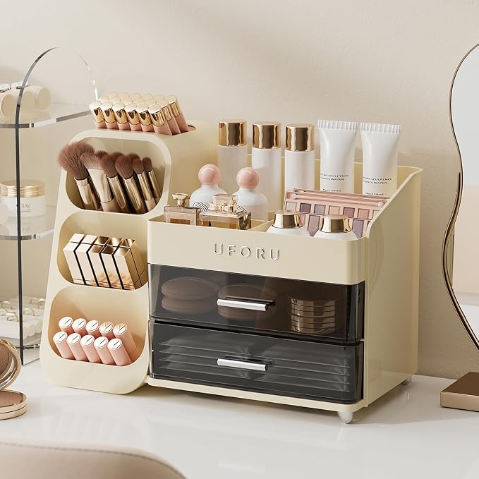 UFORU Makeup Organizer Countertop with Brush Holder for Vanity Bathroom | Large Capacity, Thickened Plastic, 2 Clear Drawers, Compact Size, Detachable Brush Holder, Divided Compartments, Easy Access