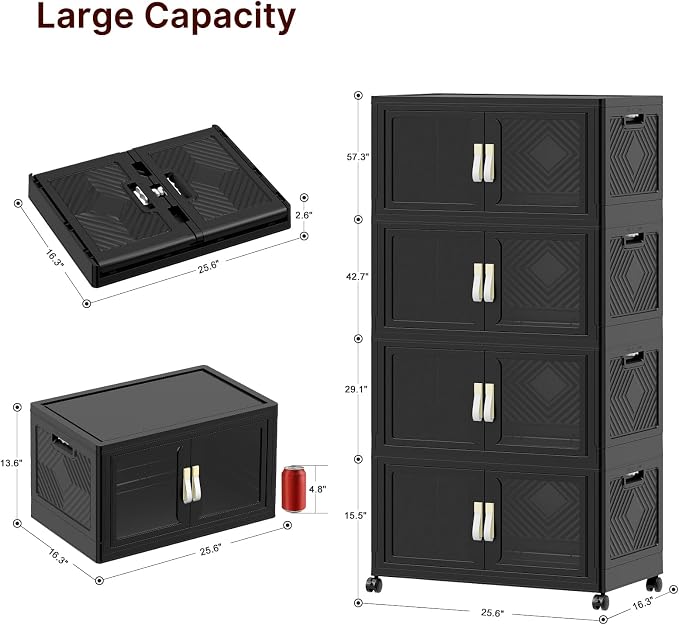 Stackable Storage Bins with Lids, 480QT Extra Large Storage Cabinet | Clear Doors, Foldable Storage Drawers, Heavy Duty, Collapsible Closet Organizers for Bedroom Office (4, Black, 120, Quarts)