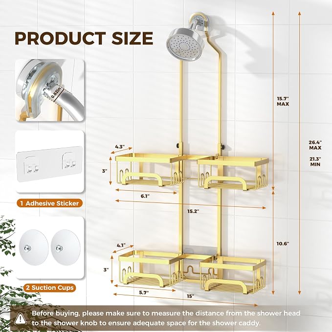 REINHARDT Split Shower Caddy Hanging for Handheld Showerheads, Gold | Adjustable Shower Organizer, Rustproof, 16 Hooks, Soap Holder, 40lbs Capacity, Anti-Slip, Tool-Free, Bathroom Accessories