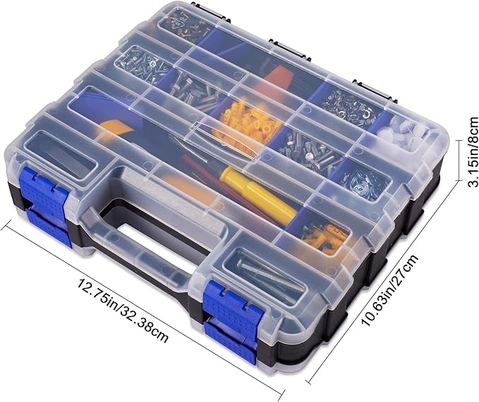 Small Parts Storage Case Tools Box Organizer Double Side 34 Compartments Hardware Organizers with Removable Plastic Dividers for Screws Nuts Nails Bolts