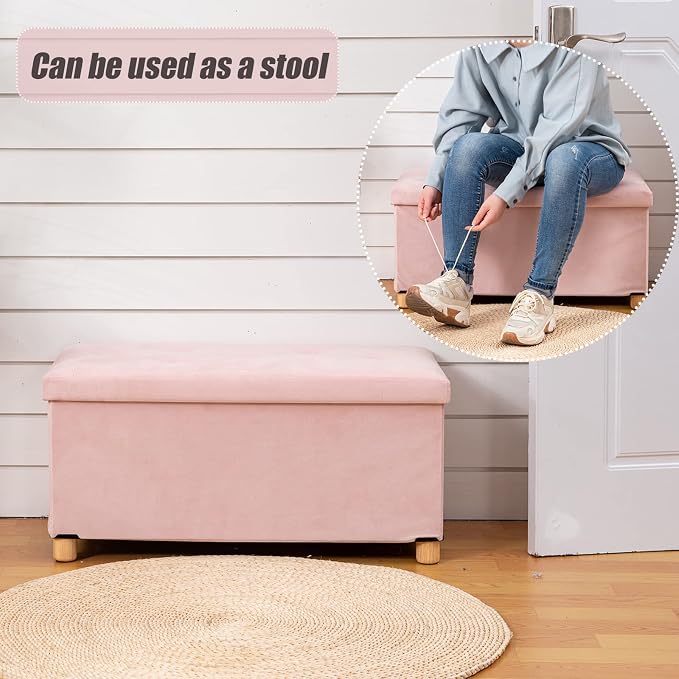 BRIAN & DANY 30 Inches Folding Storage Ottoman Bench, Ottoman with Storage for Living Room, with Wooden Feet and Lid, Pink