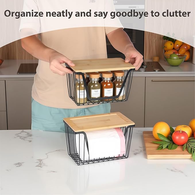 2 PACK Pantry Organizers and Storage, Stackable Onion Potato Bins | Large Wire Storage Basket, Breathable Design for Onion, Potato, Garlic, Fruit, Vegetables Fresh, Kitchen Pantry Storage