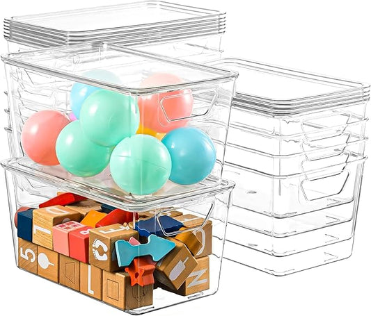 Freebat 12 Pack Clear Storage Bins with Lids, Middle Pantry 0rganizer Bins | Stackable Plastic Storage Containers, Pantry Organization for Office, Bedroom, Cabinet, Fridge,Kitchen Organization