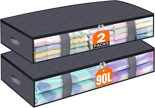 TasticTotes Under Bed Storage Containers, 2 Pack Blanket Storage Bags, Collapsible Storage Bags with Big Zippers, Clear Front, Shoe Storage and Organization for Clothes, Comforter, 90L, Grey