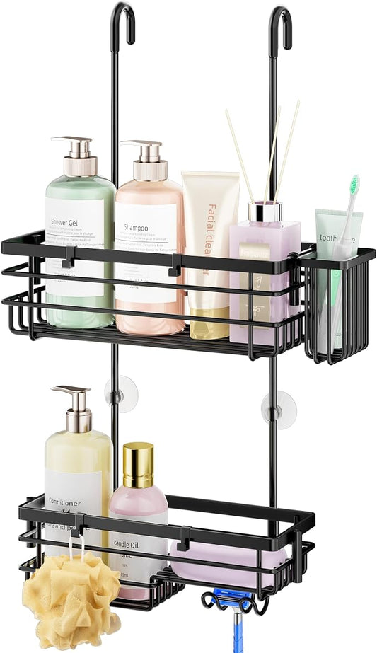 HapiRm Hanging Shower Caddy – For Renters & Small Bathrooms, Fits Shower Curtain Rods, No Drilling, 2 Rustproof 304 Shelves, 4 Hooks, and a Detachable Toothbrush Holder You Can Rinse - Black
