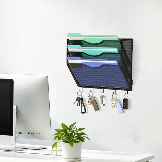 Gawerk Hanging Wall File Organizer, 3 Tier | 5 Hooks, Wall Mounted, Sturdy Mesh, For Office Home