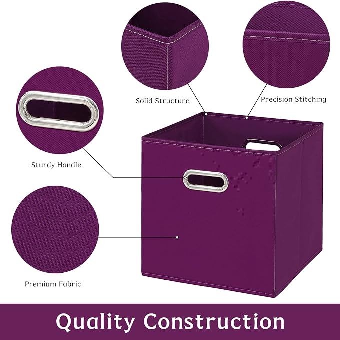 Fabric storage bins Cubes, Fabric Cube Organizer with Handle, Foldable Cube Bins for Cloth or Accessary Storage, 11x11x11, Set of 3, (Purple)