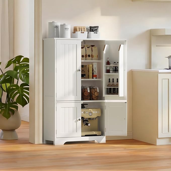ChooChoo 43" H Pantry Cabinet with 4 Doors & 4 Door Shelves | Kitchen Cabinet, Kitchen Pantry Storage Cabinet for Living Room, for Dining Room, Bathroom, White