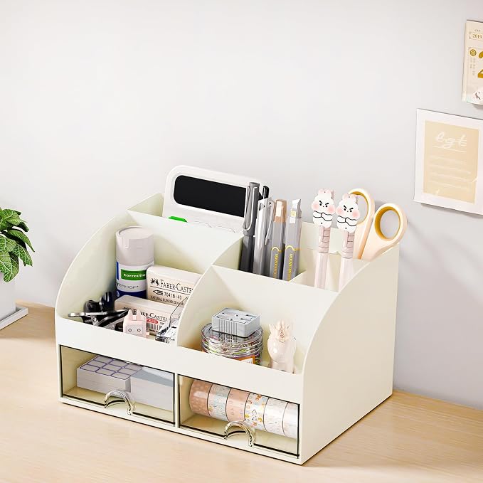 COMFYROOM Desk Organizer with 6 Compartments and 2 Drawers, Plastic Makeup Organizer, Pen Holder for Desktop Storage, Desk Organization for School, Home, Office Supplies (Ivory)
