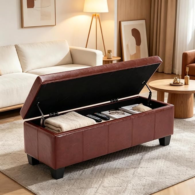 41.5 Inch Brown Faux Leather Storage Ottoman Bench for Bedroom Entryway | 2.8 cu ft hidden storage space,660 lbs load capacity,solid wood legs,ideal for end of bed mudroom