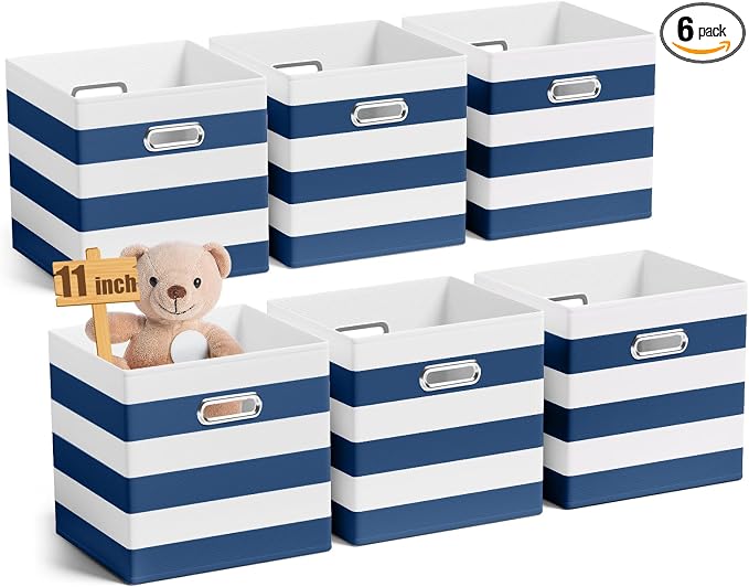 CroBlissful 11 Inch 6 Pack Fabric Storage Cubes with Metal Handles, Back to School Collapsible Organizer Bins for Classroom, Closet, Student Room, Toys and School Supplies (Blue and White)