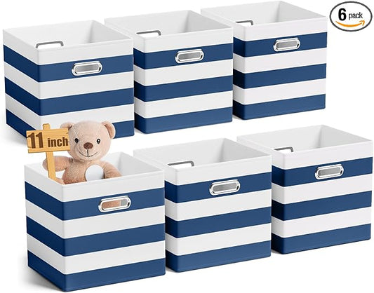 CroBlissful 11 Inch 6 Pack Fabric Storage Cubes with Metal Handles, Back to School Collapsible Organizer Bins for Classroom, Closet, Student Room, Toys and School Supplies (Blue and White)