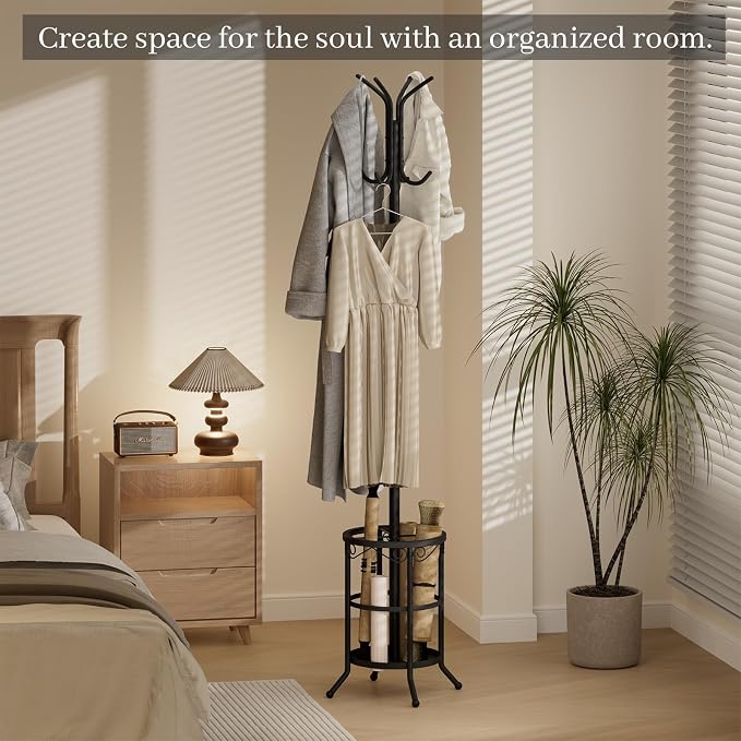 Coat Rack Freestanding with Umbrella Holder – Metal Hanger Stand, Hall Tree with 12 Hooks, Entryway Organizer for Hats, Bags, and Clothes (Black)