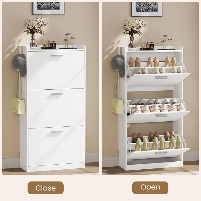 Shoe Cabinet Organizer with 3 Flip Drawers,Narrow Shoe Rack 23.6" W White | Freestanding shoe storage cabinet for entryway,foyer and hallway,slim design and space-saving flip drawers
