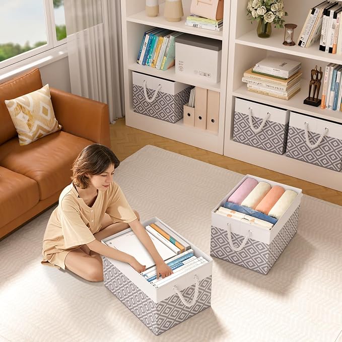 StorageTastic Storage Bins, 3-Pack Large Storage Box | with Rope Handles, Collapsible Storage Basket for Organizing Books, Clothes, Rhombic Grey