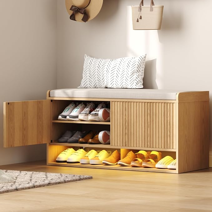 HOMEFORT 39.4" Fluted Shoe Storage Bench, Entryway Bench with Linen Seat Cushion, Shoe Cabinet Bench with Adjustable Shelf and Built-in LED Sensor Light, Bench for Bedroom End of Bed, Natural Oak