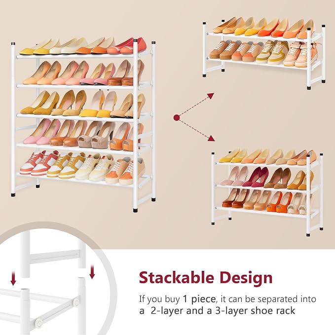 Expandable Shoe Rack for Closet 5 Tier, 28“-41“Stackable, White | Adjustable Shoe Organizer Closet Shoe Rack Floor, Metal Shoe Shelf Storage for Entryway, Closet, Garage, Front Door Entrance