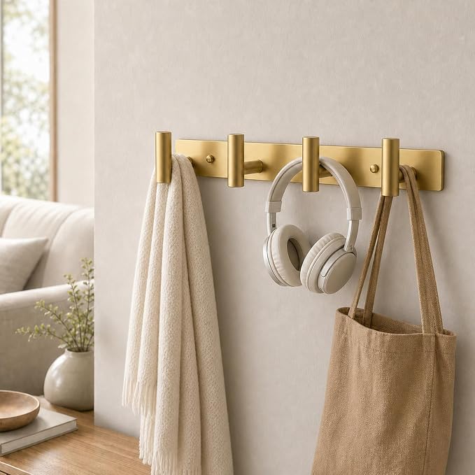 Wall Mounted Coat Rack-4 Hooks, Heavy Duty Stainless Steel Wall Hooks for Towel Coat Bag, Hat Rack Coat Hanger Coat Hooks Towel Racks for Bathroom Entryway Kitchen Hotel Office (Gold, 1 Pack)