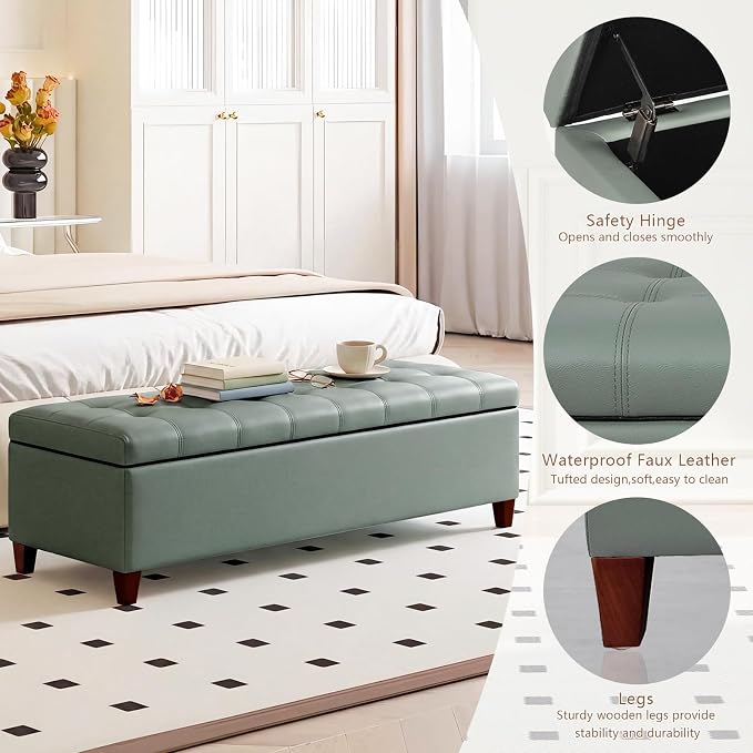 Joveco 51 Inch Storage Ottoman Bench,Tufted Leather Storage Bench for Bedroom (51”,Gray Green)