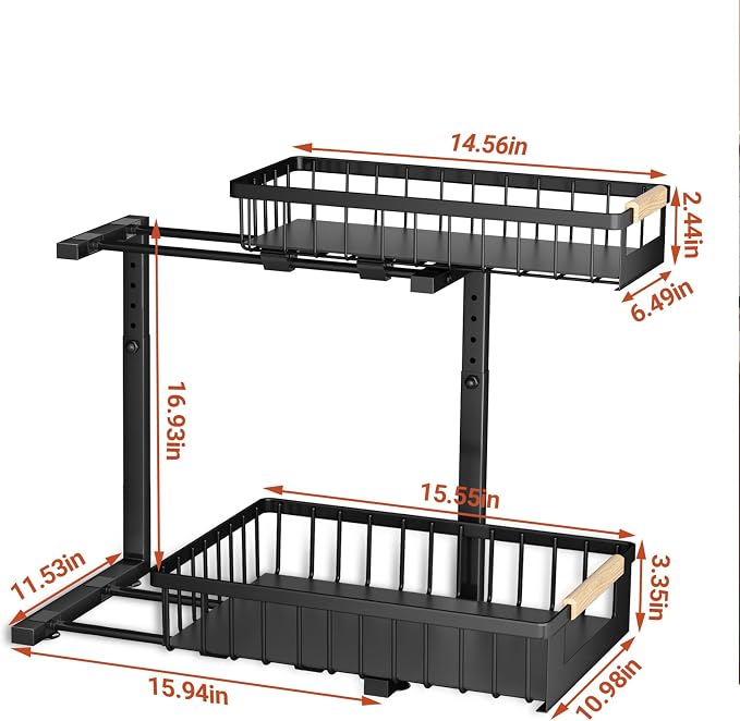 4 Pack L-Shape Under Sink Organizer, 2 Tier Pull Out Cabinet Organizer with 5-Level Adjustable Height, Double Sliding Metal Storage Rack for Kitchen Bathroom Pantry, Black