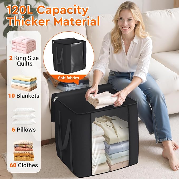 TasticTotes 120L Extra Large Blanket Clothes Storage Bags, Gray, 6 Pack | Foldable Blanket Storage and Organization, Thick Fabric Containers with Reinforced Handles & Zippers for Comforters, Bedding