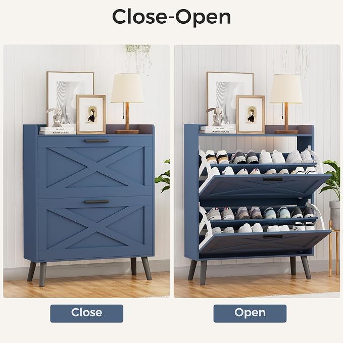 Homleke Farmhouse Shoe Storage Cabinet with Flip Drawers & Barn Door Design | Slim Narrow Shoe Rack Cabinet with Adjustable Shelves & Hidden Storage for Entryway, Foyer, Hallway, Living Room, Blue