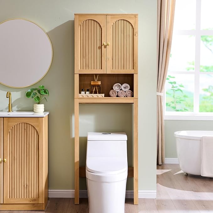 72" Over The Toilet Storage Cabinet, Modern Over Toilet Bathroom Organizer Shelf with Fluted Arched Doors, Wooden Free Standing Bathroom Storage Cabinet with Adjustable Shelf, Space Saver, Natural Oak