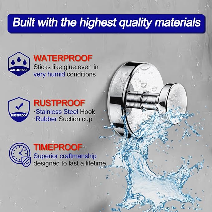 Bntuk Suction Cup Hooks for Shower, Removable Towel Hooks for Bathroom Window Glass Door Wall, Bath Robe Looafh Hook for Hanging - 4 Pack, Chrome