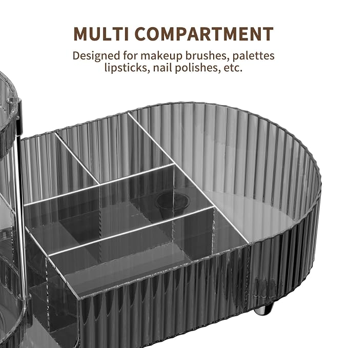 Makeup Organizer Countertop for Vanity, 360 Rotating Perfume Tray with 5-compartment Cosmetic and Skincare Organizers, Multi-Purpose Desk Storage Makeup Brush Holder for Bathroom Bedroom Counter