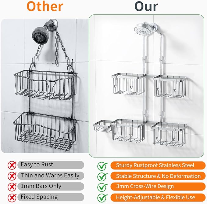 Luxspire Shower Hanging Caddy Overhead, Hanging Shower Organizer, Silver | No Drilling Required, Height-Adjustable, Thickened Rustproof Stainless Steel, Heavy-Duty, Include 8 Hooks And Soap Holder