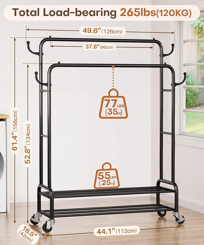Homde Sturdy Garment Rack for Bedroom: 265 lbs Heavy Duty Clothes Organizer | 2 Hanging Rods Hold Coat to T-Shirt - Easy Roll & Park on Wheels - Metal Frame Stays Solid & Stable at Full Load