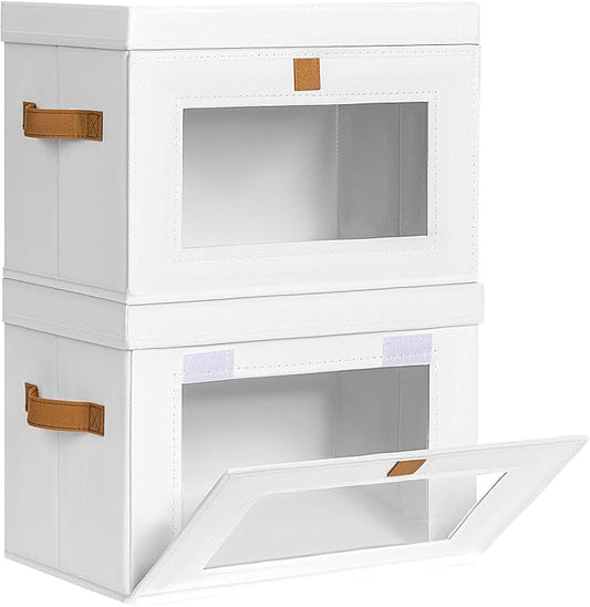 Homsorout Medium Fabric Storage Bins - Closet Shelf Organizer with Open Window, 2 Pack Closet Baskets for Shelves, Stackable Decorative Boxes for Home, Dorm, White, 13.7" x 9.8” x 9.8"