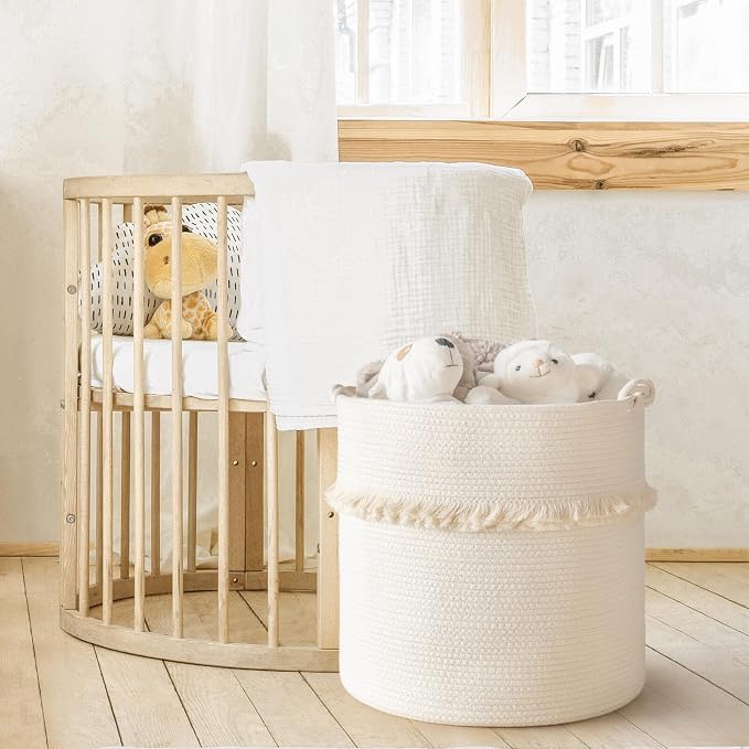 CherryNow 60L Woven Rope Baby Basket with Tassel, 17" x 16", Off-white | Decorative Boho Laundry Basket for Blankets & Towels Storage, Fits Living Room & Nursery Home Decor, with Knotted Handles