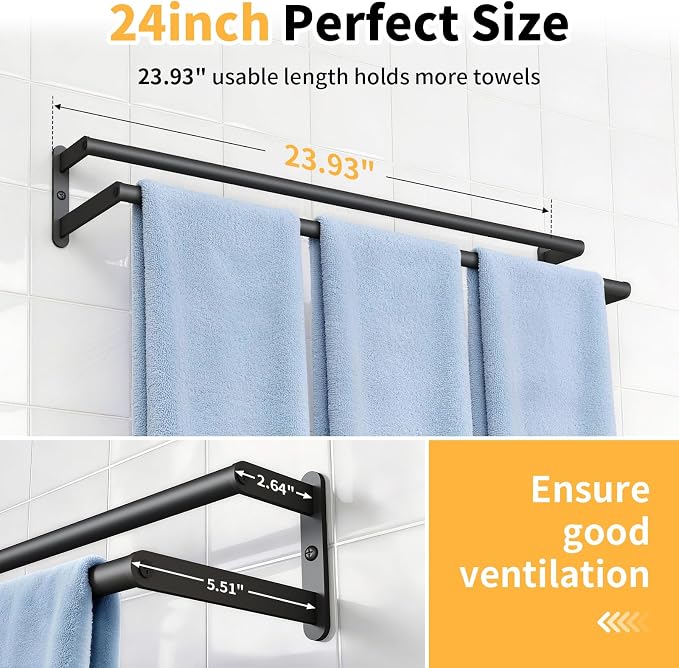 KLJKPA Double Towel Bar, Towel Holder for Bathroom, Black | Towel Rack for Bathroom Wall Mounted, Stainless Steel Double Bath Towel Bar