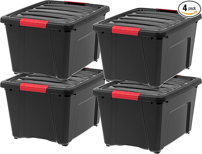 IRIS USA 4-Pack 32 Quart Storage Bins with Lids, Black | Black finish conceals stored items. Great for linens, décor, closet storage, and supplies. Nestable design saves space