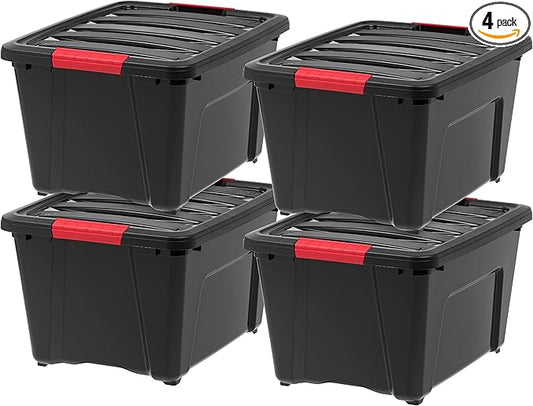 IRIS USA 4-Pack 32 Quart Storage Bins with Lids, Black | Black finish conceals stored items. Great for linens, décor, closet storage, and supplies. Nestable design saves space