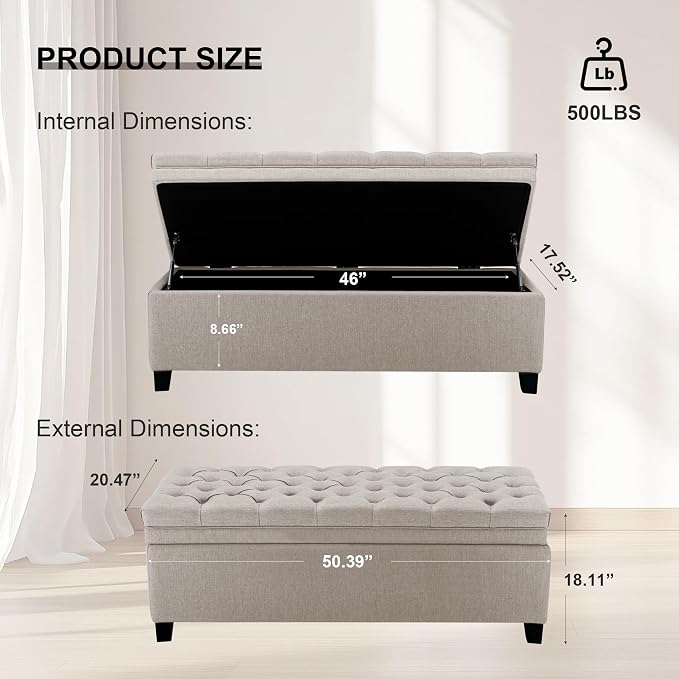 51" Storage Ottoman for Bedroom & Living Room, End of Bed Bench with Black Wooden Legs, Linen Upholstered Tufted Ottoman, Entryway Storage Bench, Beige