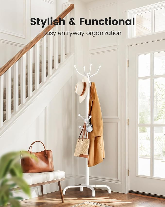 Pipishell Metal Coat Rack Freestanding with 14 Hooks, White | Durable metal frame, stable four-point base, 2 hook heights for adults and kids, smooth rods & hooks prevent clothing snags