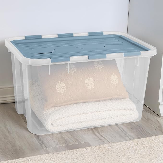 SteriliteHinged Lid Storage Box Plastic Container, 60 Quart, 12 Pack | Washed Blue - Home Organizer Tote for Storing Shoes, Crafts, Clothing, or Decor