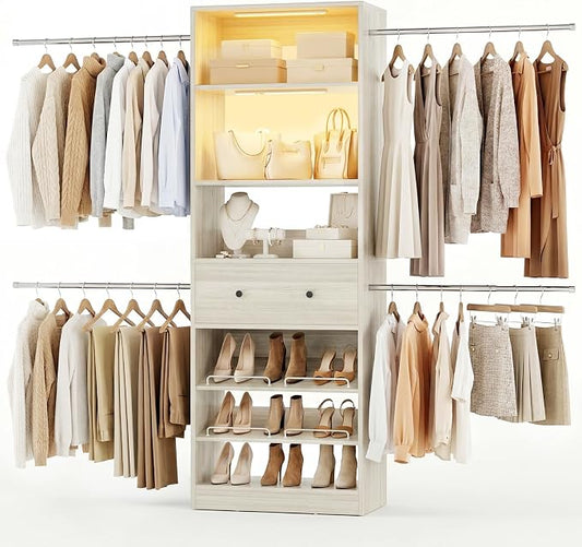 Wood Closet Organizer System with Sensing Light - 4FT-9FT Expandable Wardrobe Closet with Drawer & 4 Hanging Rods, Heavy Duty Walk-in Closet 1000Lbs for Bedroom Walk-in Closet, White Oak
