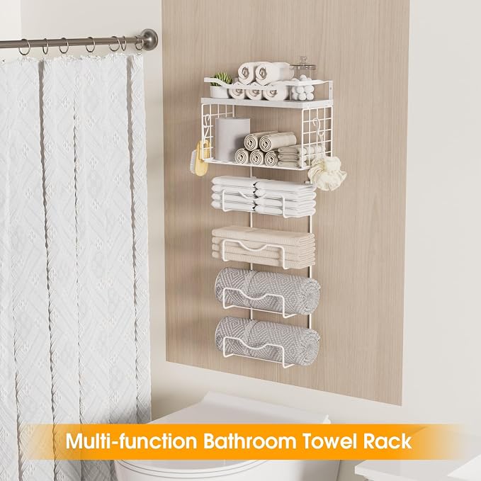 Towel Racks for Bathroom,Towel Rack Wall Mounted, 6 Tier Rolled Or Folded Towel Holder with Floating Shelves, Bathroom Towel Holder for Bath, Hand Towels,Metal,Full White