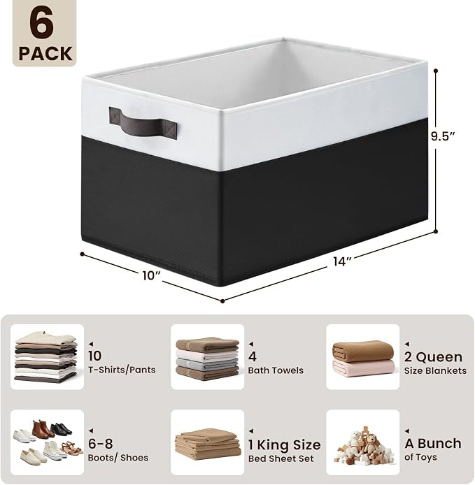 Criusia 6 Pack Closet Organizers and Storage Bins, Cute Dorm Room Essentials for Clothes Beddings Bags, Under Bed Storage Containers, Apartment Essentials Baskets for Organizing (14L*10W*9.5H)